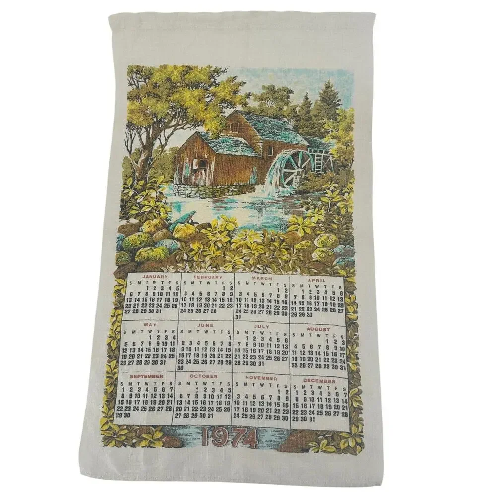 Vintage Linen Kitchen Cloth Calendar Year 1974 Old Country Mill Birthday Glitter